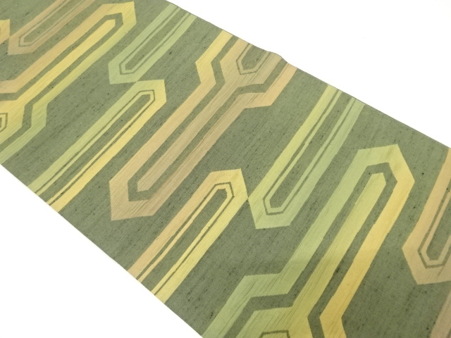 節紬　幾何学模様織り出し　開き名古屋帯（額縁仕立て）